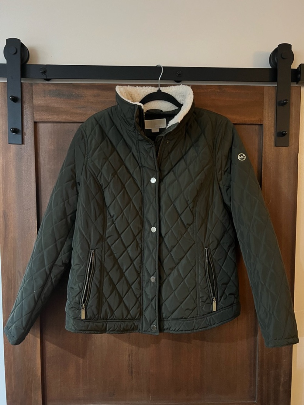 Michael Kors Olive Green Quilted Puffer Jacket with Shearing Collar - Picture 2 of 3